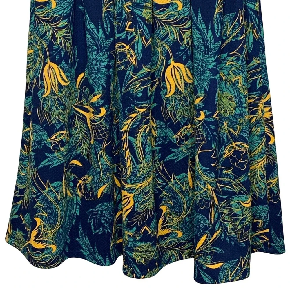 LuLaRoe Amelia Dress Womens Size M Blue Botanical Floral Pleated Stretch Pockets